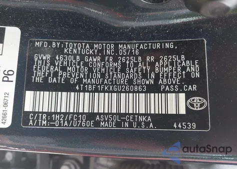 2016 Toyota Camry Le from USA, damaged, VIN 4T1BF1FKXGU260863